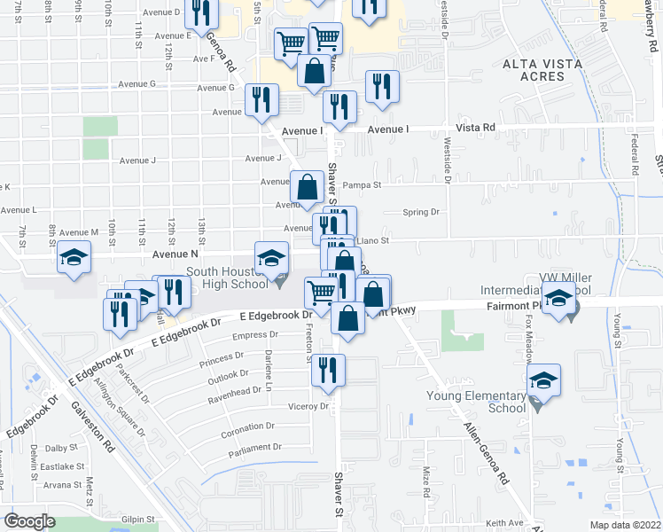 map of restaurants, bars, coffee shops, grocery stores, and more near 3808 S Shaver St in South Houston