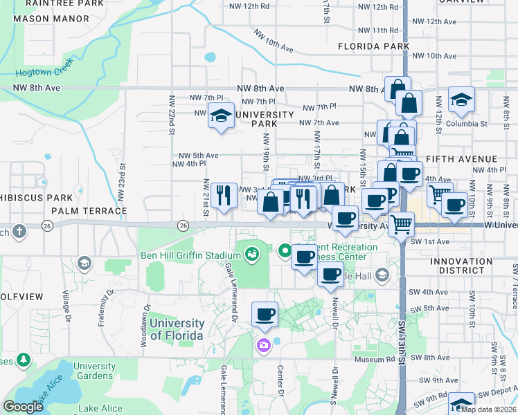 map of restaurants, bars, coffee shops, grocery stores, and more near 1910 Northwest 1st Avenue in Gainesville