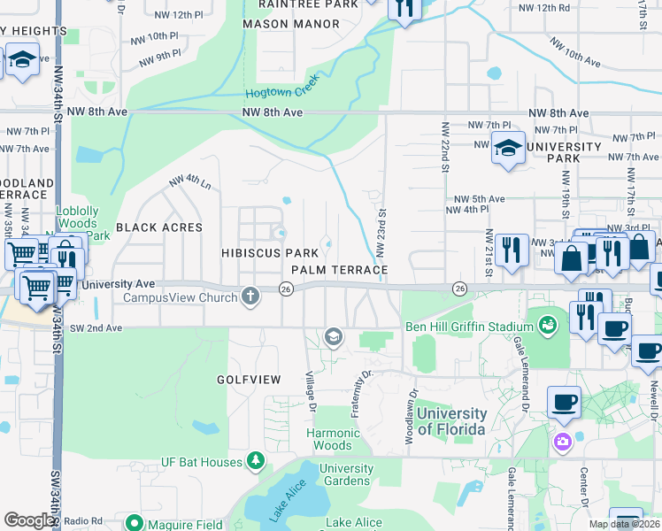 map of restaurants, bars, coffee shops, grocery stores, and more near 203 Northwest 24th Street in Gainesville