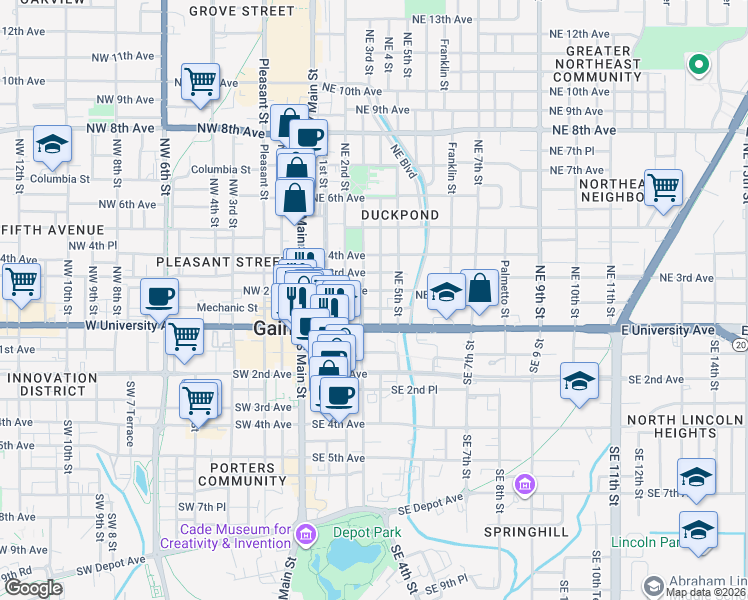 map of restaurants, bars, coffee shops, grocery stores, and more near 404 Northeast 2 Avenue in Gainesville