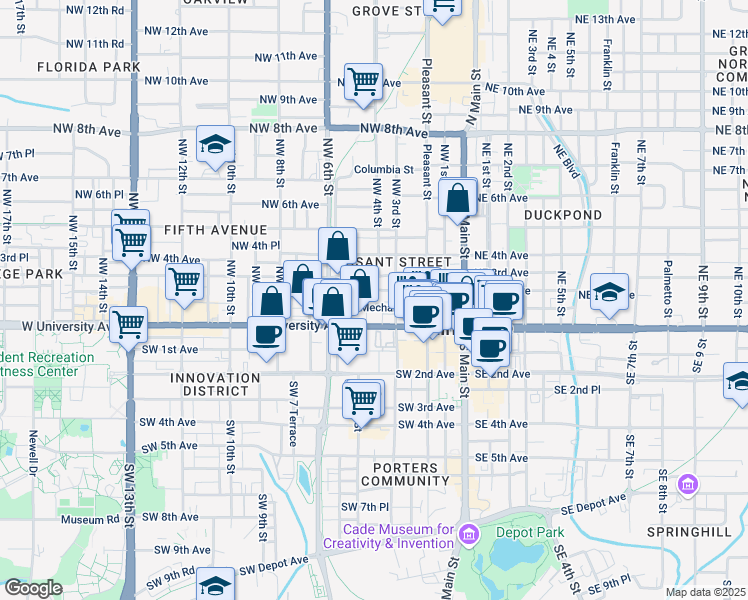 map of restaurants, bars, coffee shops, grocery stores, and more near 422 Northwest 2 Avenue in Gainesville