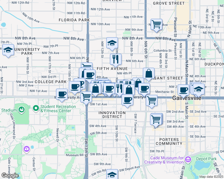 map of restaurants, bars, coffee shops, grocery stores, and more near 201 Northwest 10th Street in Gainesville