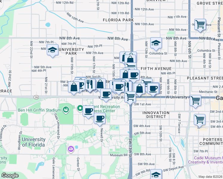 map of restaurants, bars, coffee shops, grocery stores, and more near 111 Northwest 16th Street in Gainesville