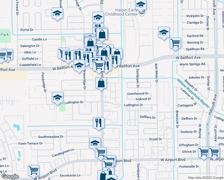 map of restaurants, bars, coffee shops, grocery stores, and more near 11315 Fondren Road in Houston