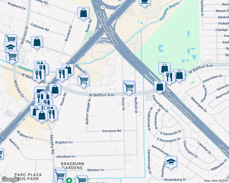 map of restaurants, bars, coffee shops, grocery stores, and more near 11509-11545 Keegans Ridge Road in Houston