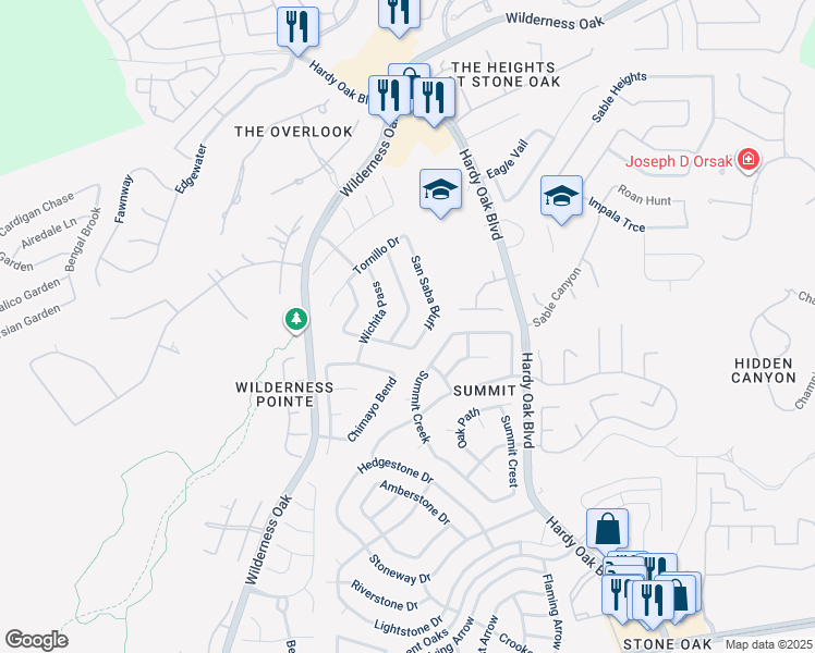 map of restaurants, bars, coffee shops, grocery stores, and more near 22731 San Saba Bluff in San Antonio