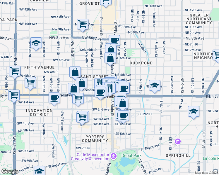 map of restaurants, bars, coffee shops, grocery stores, and more near 102 Northwest 2nd Avenue in Gainesville