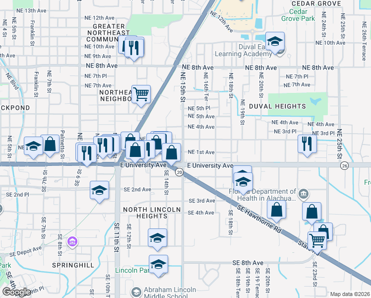 map of restaurants, bars, coffee shops, grocery stores, and more near 1523 Northeast 3rd Avenue in Gainesville