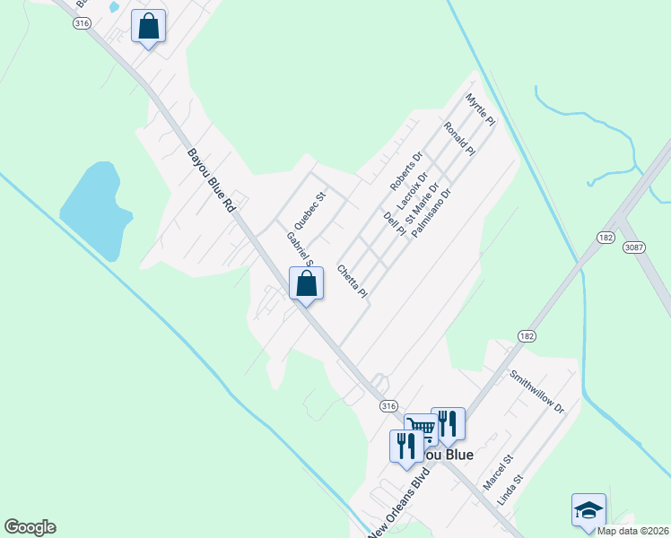 map of restaurants, bars, coffee shops, grocery stores, and more near 239 Ontario Street in Houma