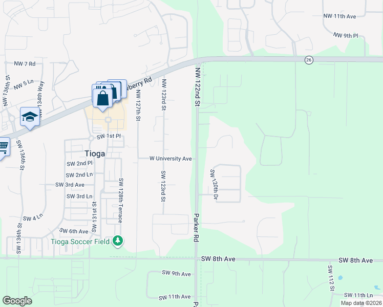 map of restaurants, bars, coffee shops, grocery stores, and more near 100 Northwest 122nd Street in Gainesville