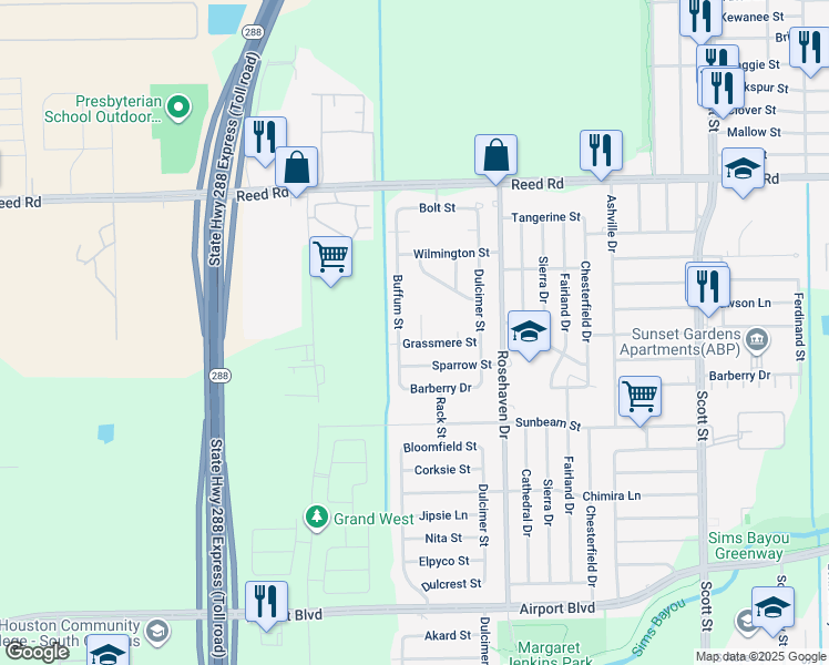 map of restaurants, bars, coffee shops, grocery stores, and more near 9622 Kinder Lane in Houston