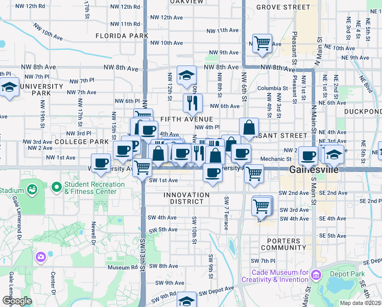 map of restaurants, bars, coffee shops, grocery stores, and more near 201 Northwest 10th Street in Gainesville
