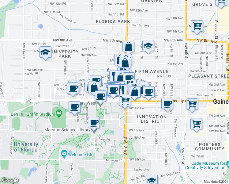 map of restaurants, bars, coffee shops, grocery stores, and more near 1414 Northwest 2 Avenue in Gainesville
