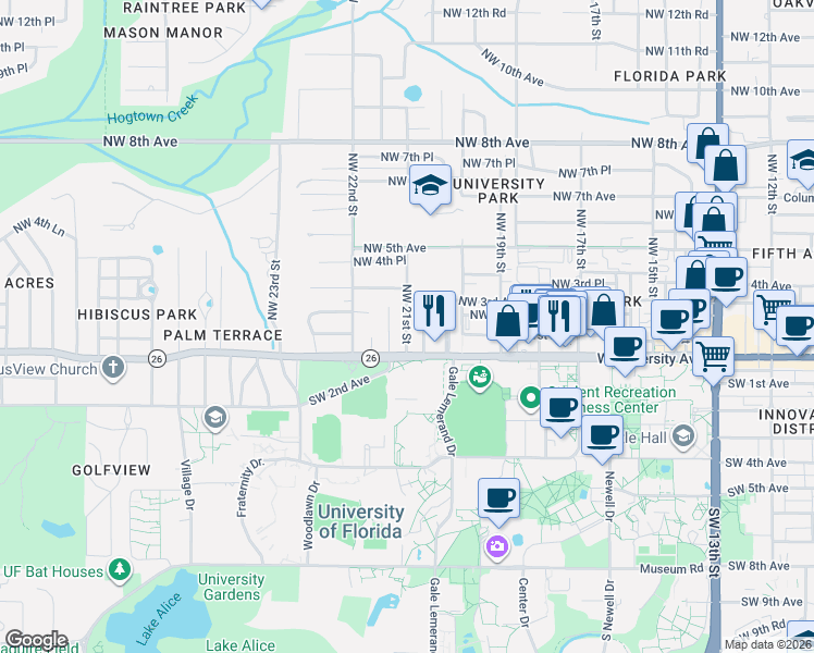 map of restaurants, bars, coffee shops, grocery stores, and more near 202 Northwest 21st Street in Gainesville