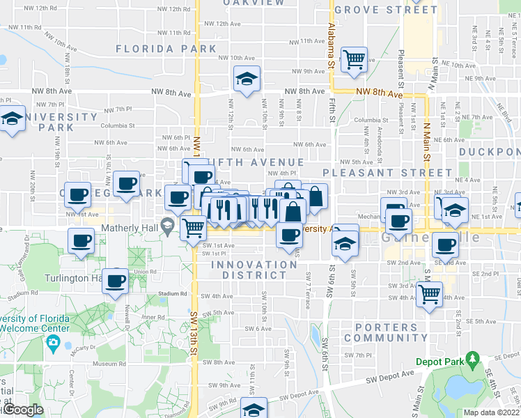 map of restaurants, bars, coffee shops, grocery stores, and more near 120 Northwest 10th Street in Gainesville