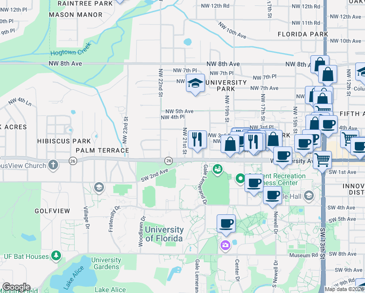 map of restaurants, bars, coffee shops, grocery stores, and more near 202 Northwest 21st Street in Gainesville