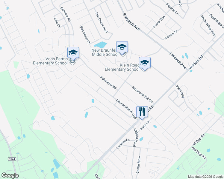 map of restaurants, bars, coffee shops, grocery stores, and more near 2610 Pahmeyer Road in New Braunfels