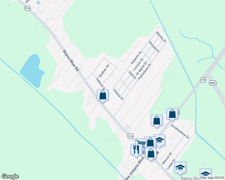 map of restaurants, bars, coffee shops, grocery stores, and more near 239 Ontario Street in Houma