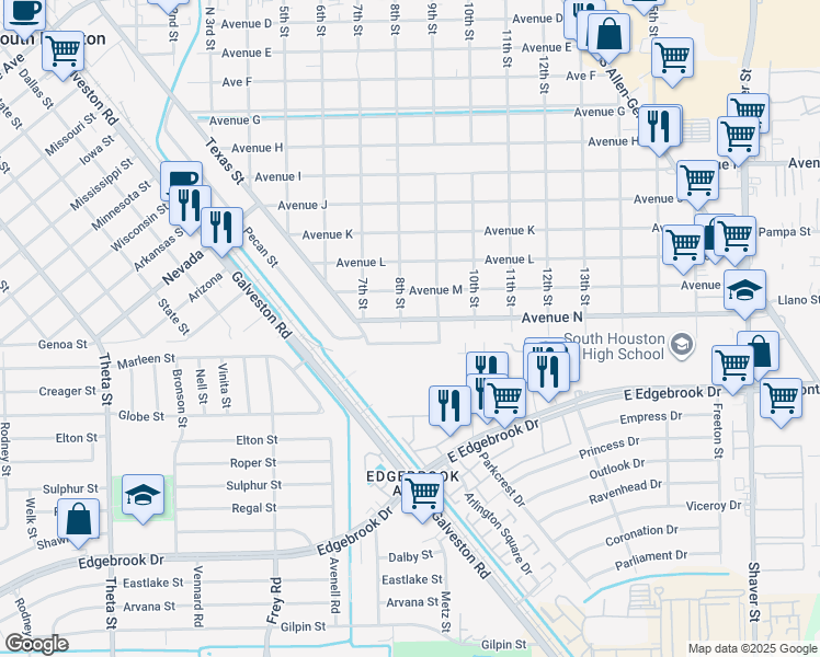 map of restaurants, bars, coffee shops, grocery stores, and more near 801 Avenue North in South Houston