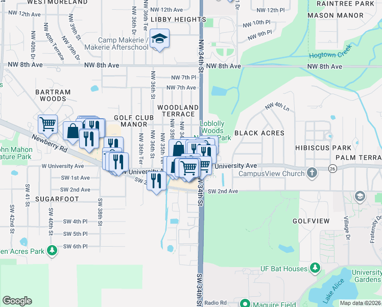 map of restaurants, bars, coffee shops, grocery stores, and more near 3405 Northwest 1st Court in Gainesville