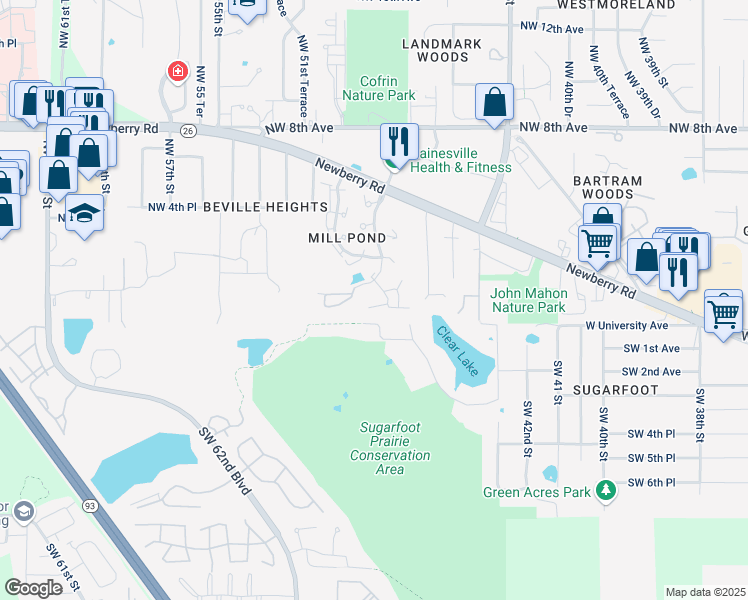map of restaurants, bars, coffee shops, grocery stores, and more near 23 Northwest 48th Boulevard in Gainesville