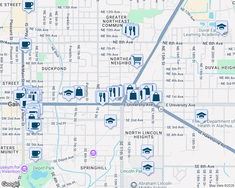 map of restaurants, bars, coffee shops, grocery stores, and more near 1017 Northeast 3rd Avenue in Gainesville