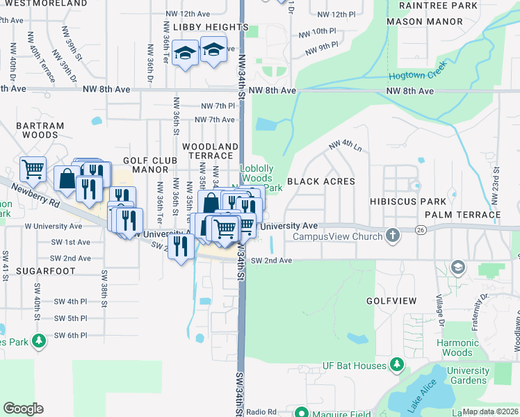 map of restaurants, bars, coffee shops, grocery stores, and more near 112 Northwest 33 Court in Gainesville