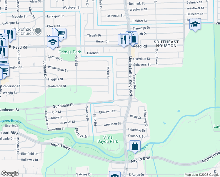 map of restaurants, bars, coffee shops, grocery stores, and more near 9509 Merle Street in Houston
