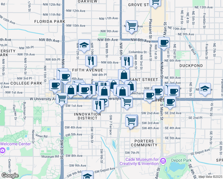 map of restaurants, bars, coffee shops, grocery stores, and more near 710 Northwest 2 Avenue in Gainesville