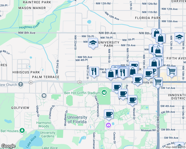 map of restaurants, bars, coffee shops, grocery stores, and more near 115 Northwest 20 Drive in Gainesville