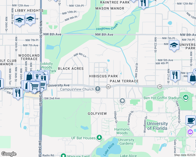 map of restaurants, bars, coffee shops, grocery stores, and more near 2718 Northwest 2 Avenue in Gainesville
