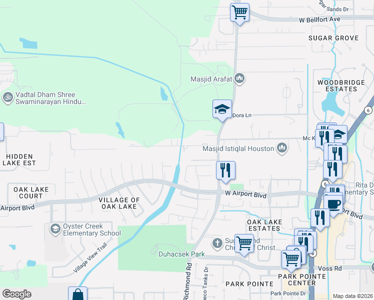 map of restaurants, bars, coffee shops, grocery stores, and more near 15711 Oleta Lane in Sugar Land