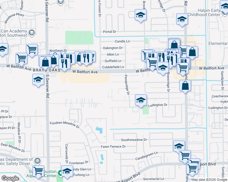 map of restaurants, bars, coffee shops, grocery stores, and more near 7927 Quail Meadow Drive in Houston