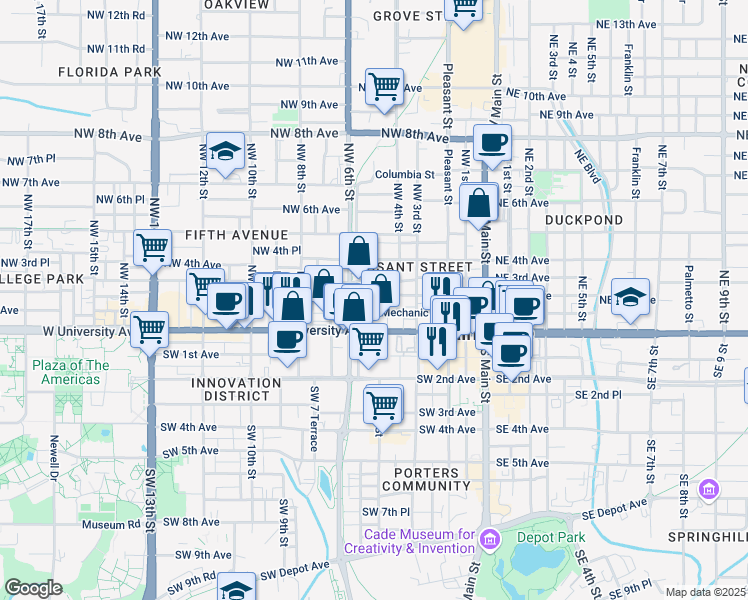 map of restaurants, bars, coffee shops, grocery stores, and more near 523 Northwest 3rd Avenue in Gainesville
