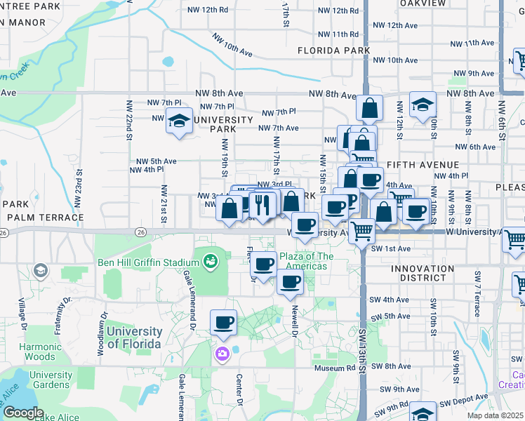 map of restaurants, bars, coffee shops, grocery stores, and more near 104 Northwest 18th Street in Gainesville