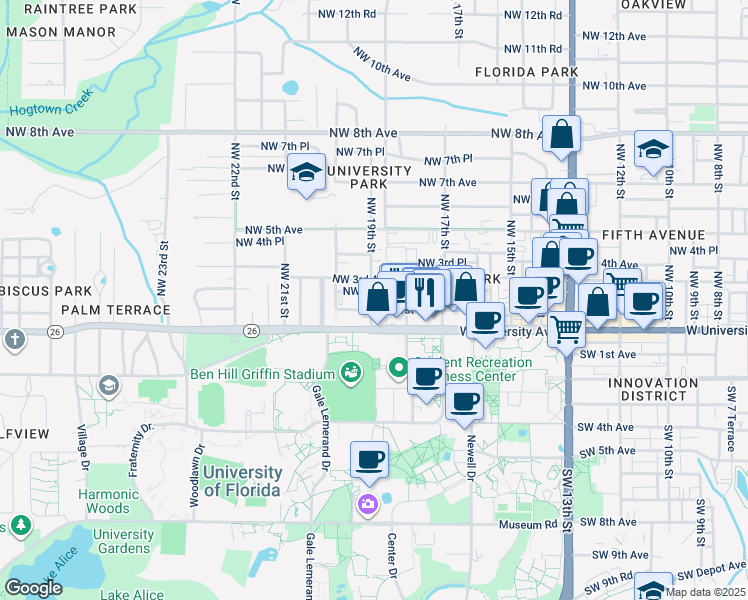 map of restaurants, bars, coffee shops, grocery stores, and more near 1819 Northwest 2 Avenue in Gainesville
