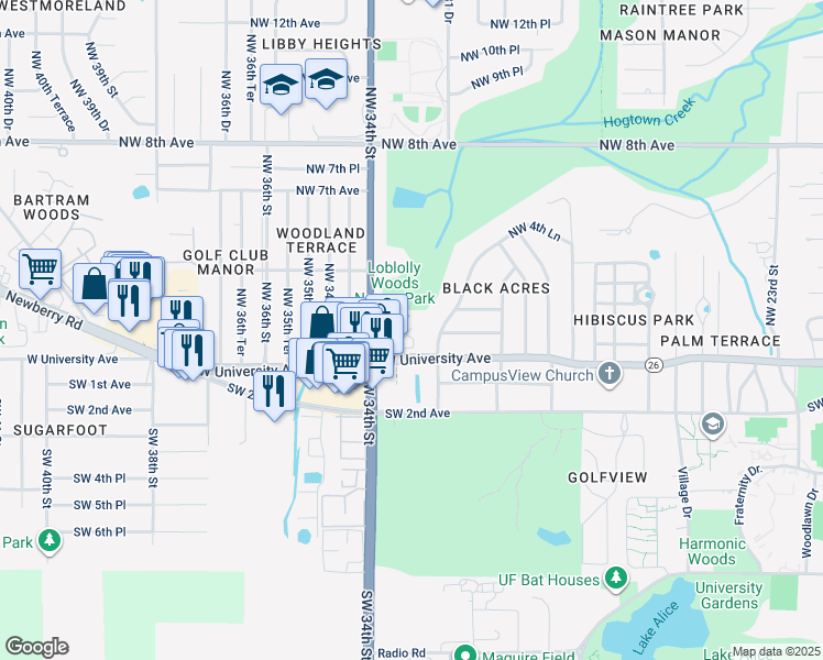 map of restaurants, bars, coffee shops, grocery stores, and more near 112 Northwest 33 Court in Gainesville