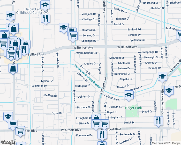 map of restaurants, bars, coffee shops, grocery stores, and more near 5923 Belrose Drive in Houston
