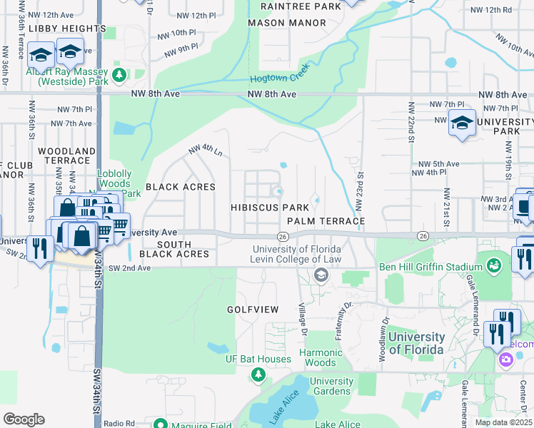 map of restaurants, bars, coffee shops, grocery stores, and more near 2625 Northwest 2 Avenue in Gainesville
