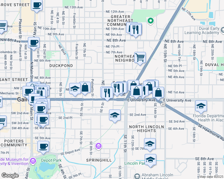 map of restaurants, bars, coffee shops, grocery stores, and more near 917 Northeast 3rd Avenue in Gainesville