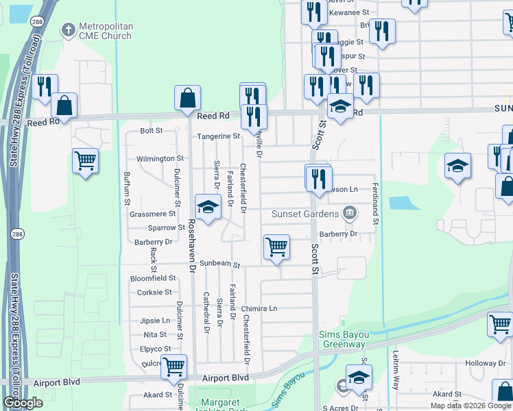 map of restaurants, bars, coffee shops, grocery stores, and more near 9518 Ashville Drive in Houston