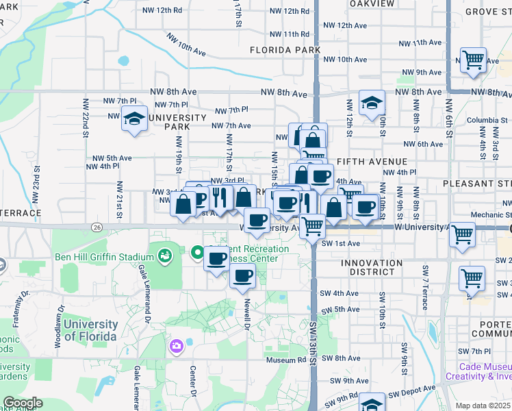 map of restaurants, bars, coffee shops, grocery stores, and more near 111 Northwest 16 Street in Gainesville