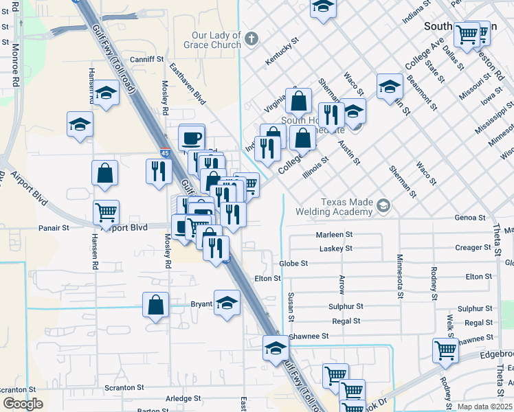 map of restaurants, bars, coffee shops, grocery stores, and more near 1538 College Avenue in South Houston