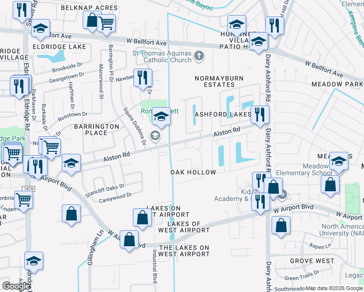 map of restaurants, bars, coffee shops, grocery stores, and more near 2026 Magnolia Crest Lane in Sugar Land