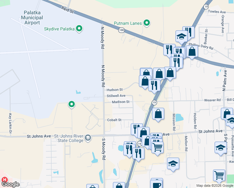 map of restaurants, bars, coffee shops, grocery stores, and more near 300 Stillwell Avenue in Palatka