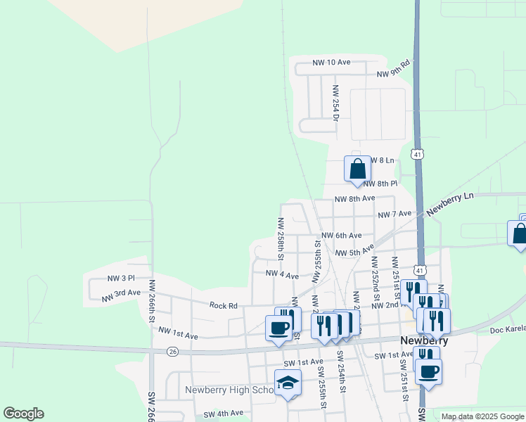 map of restaurants, bars, coffee shops, grocery stores, and more near 578 Northwest 258th Street in Newberry