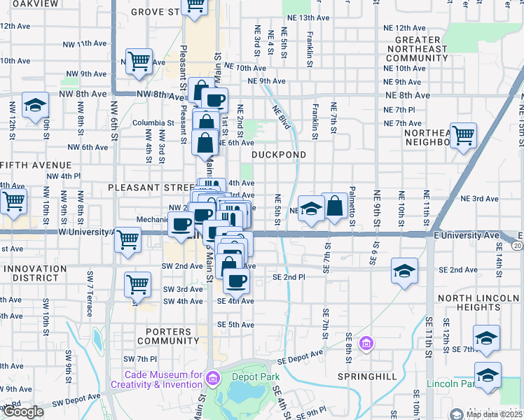 map of restaurants, bars, coffee shops, grocery stores, and more near 339 Northeast 2nd Avenue in Gainesville