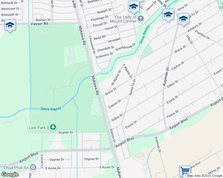 map of restaurants, bars, coffee shops, grocery stores, and more near 6725 Alpine Drive in Houston
