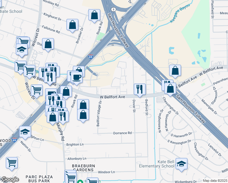 map of restaurants, bars, coffee shops, grocery stores, and more near 10200 West Bellfort Street in Houston
