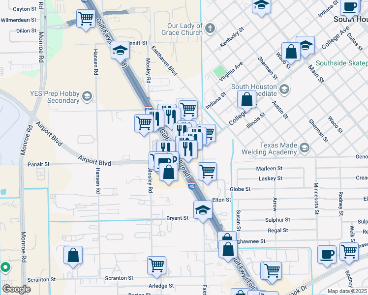 map of restaurants, bars, coffee shops, grocery stores, and more near 9305 Gulf Freeway in Houston